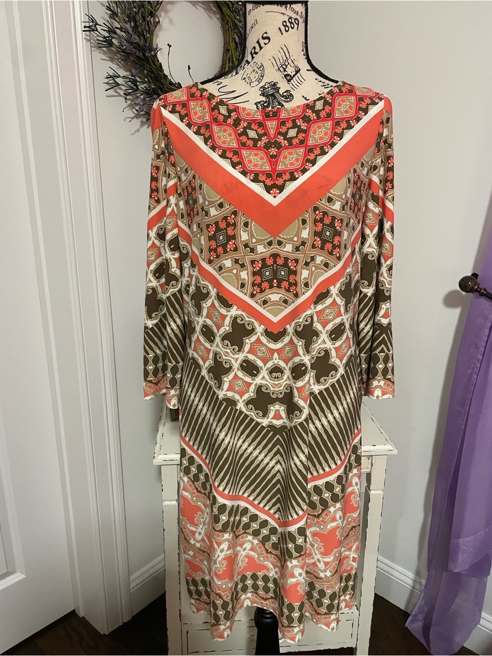 Coral and Light Brown Printed Shift Dress Size 12